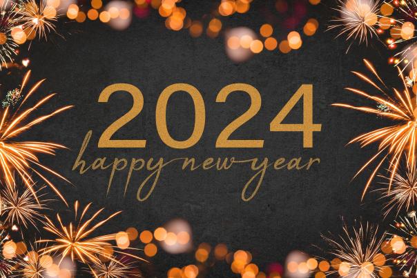 New Year's Eve 2024 in gold lettering on black background.