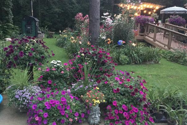 A photo of a lush garden featuring several varieties of flowers from yellow, to purple, and to white, with a tree in the center and a wooden bridge on the back right.