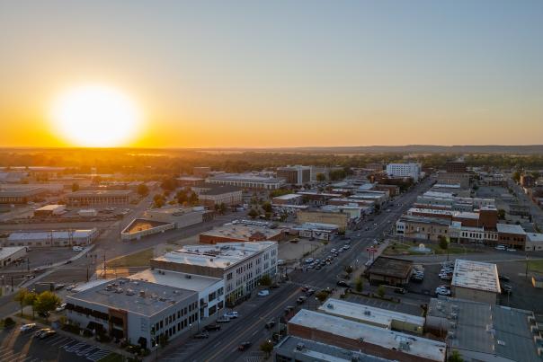 An aerial view of downtown Fort Smith as the sun sets.