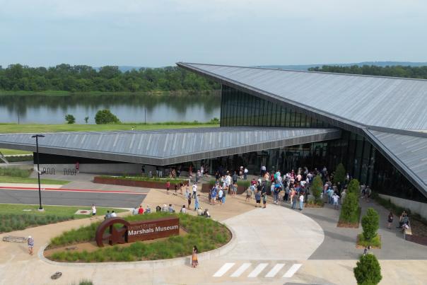 A group waits outside the U.S. Marshals Museum in Fort Smith, ready for their tour.