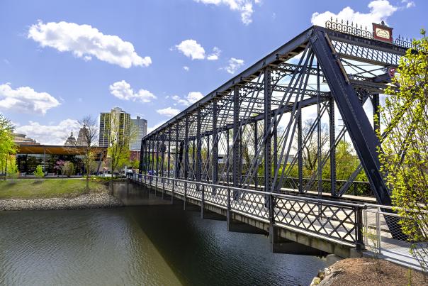 View of the Wells Street Bridge at Promenade Park in Downtown Fort Wayne