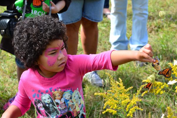 Little girl tagging a Monarch Butterfly at Monarch Festival in Fort Wayne, Indiana by Brian Wood