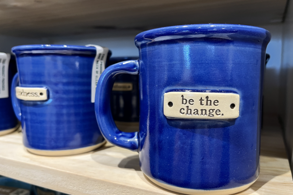 blue "be the change" mug from GoodMRKT on the shelf