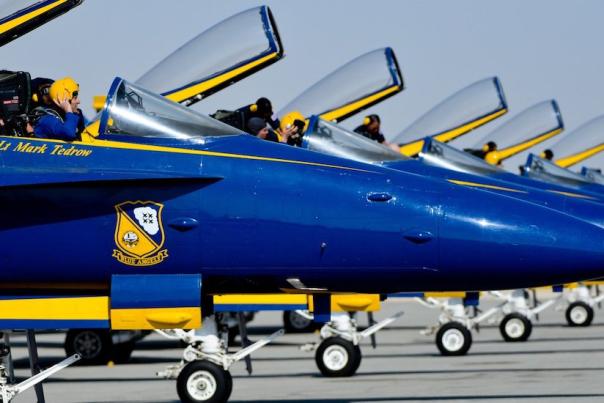 The Blue Angels sit ready and waiting for their next demonstration.
