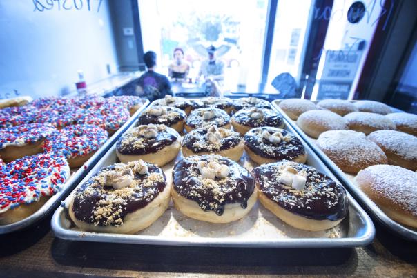 Smores doughnuts on trays at Glory Doughnuts