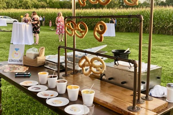 Pretzel display with dipping sauce at a Frederick wedding