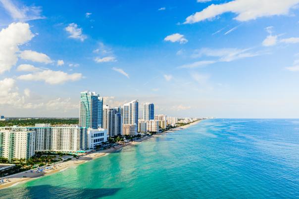 Aerial view of Hallandale Beach and buildings at the shoreline