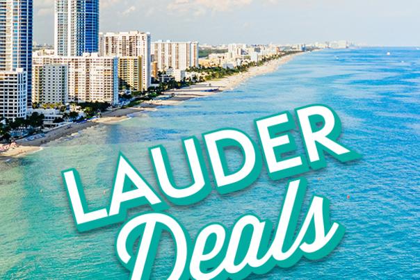Aerial view of buildings along Fort Lauderdale beaches with "LauderDeals" logo
