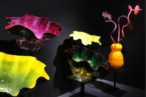 A display of colorful glass art pieces