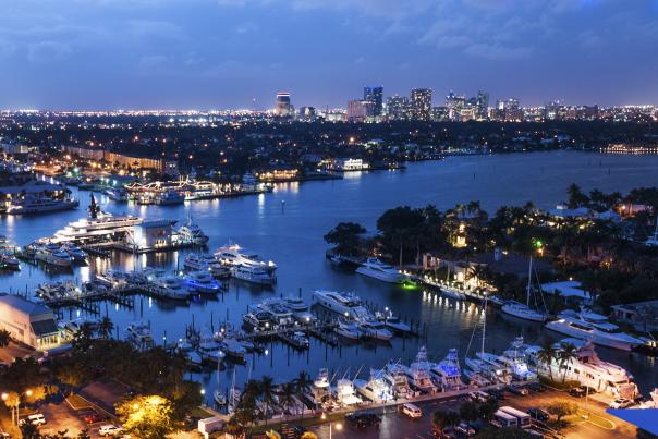 Aerial view of Fort Lauderdale waterways in the evening
