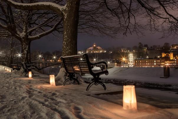 Candle luminaries along the riverside at night. A park bench next to a tree, with the city buildings and lights in the background.