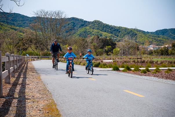 A dad and his two children riding their bikes in a park on a sunny day