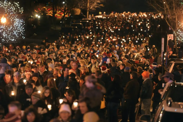 Thousands of people at Golden, CO's Candlelight Walk