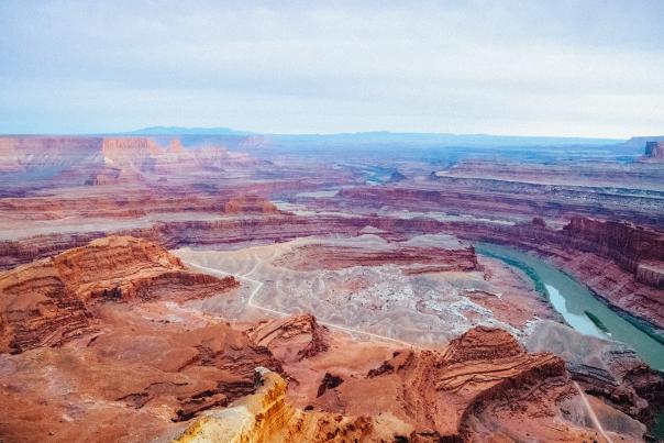 A scenic vista above a gooseneck bend in the Colorado River at Dead Horse Point State Park in Utah.