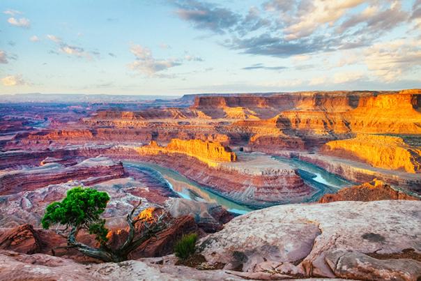 A vibrant sunrise overlooking the Colorado River in Dead Horse Point State Park near Moab.
