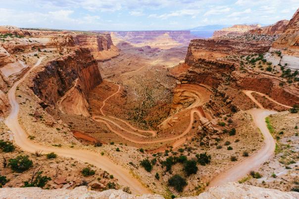 Aerial view of the Shafer Trail switchbacks located in the Island in the Sky district of Canyonlands National Park near Moab, Utah.