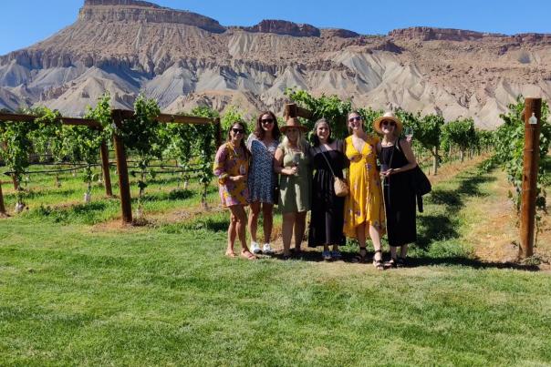 Picture of a Group of Women Standing in Front of Grapevines