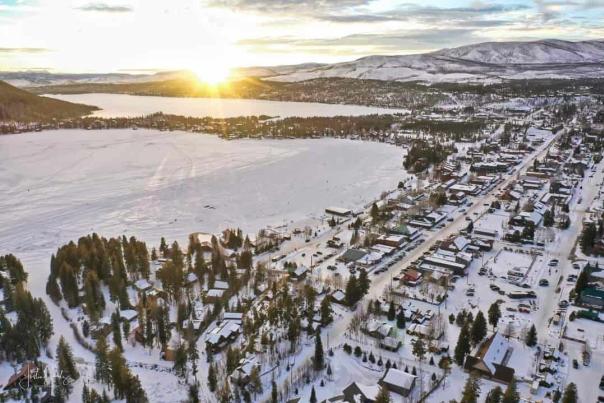 Winter Aerial shot of Grand Lake Town