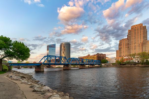 City skyline of downtown Grand Rapids along the Grand River