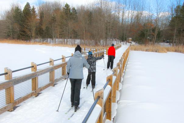 A family crossing the bridge while cross country skiing at Pickerel Lake.