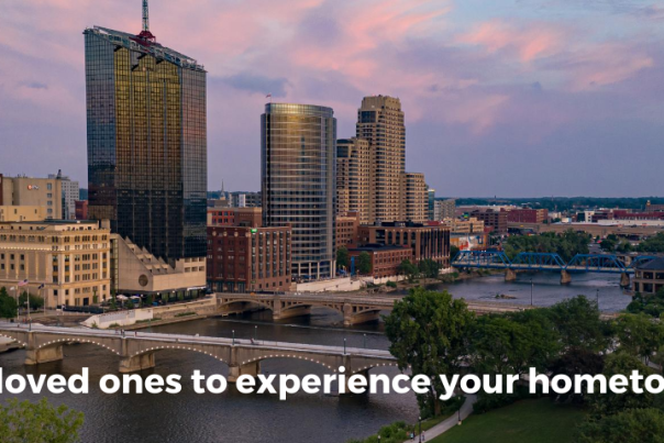 Downtown scenic skyline with river view from above along river