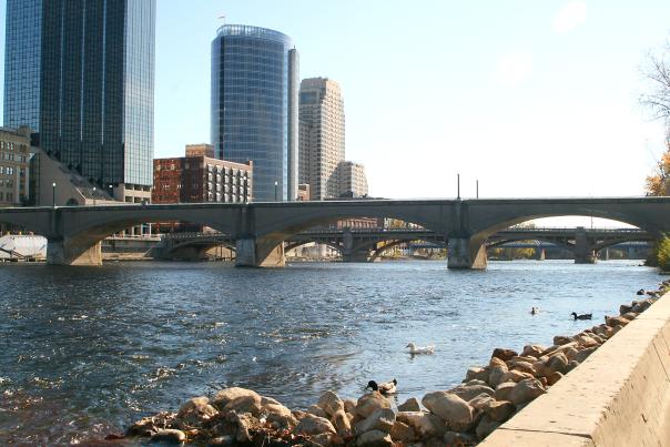 Grand Rapids skyline along the edge of the Grand River.