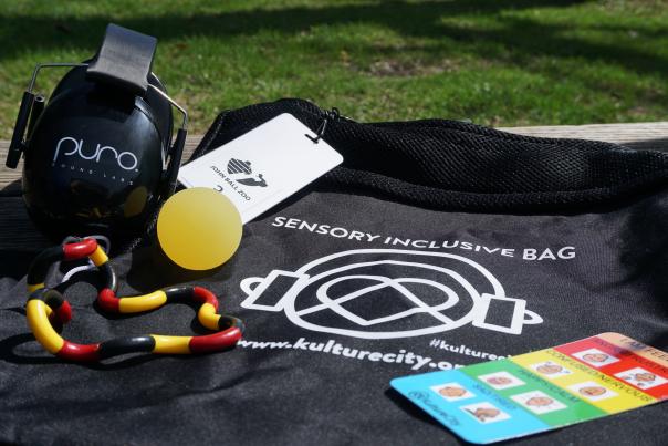 Sensory bag with noise-canceling headphones, feelings cards, and fidget toys