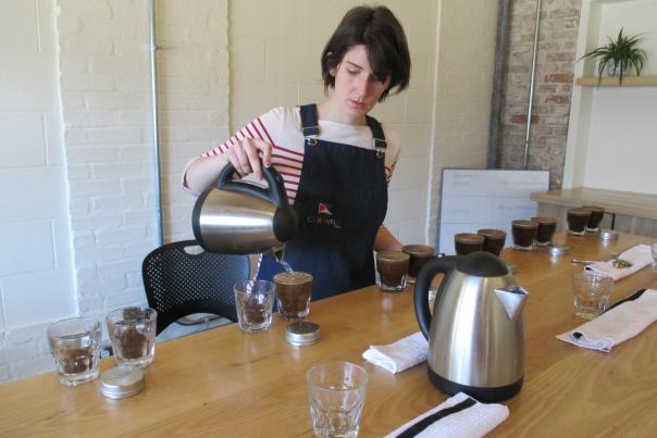Barista pouring coffee into several cups in preparation for a tasting