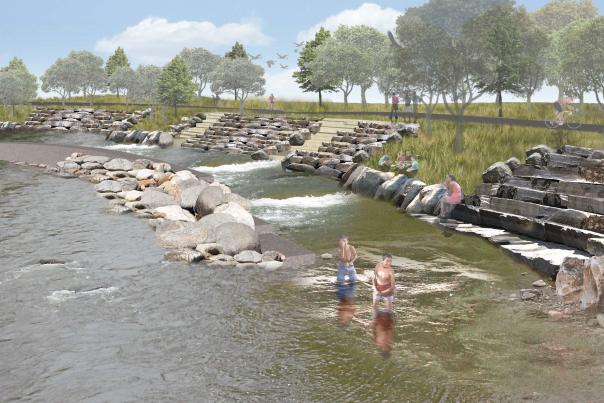 Renderings for fish passage with rocks in the Grand River part of the Whitewater Project.