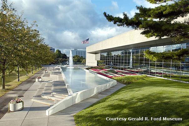 A view of the front of the Gerald R. Ford Presidential Museum.