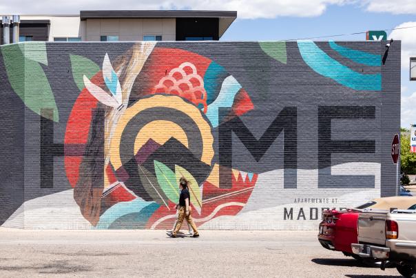 Mural on the side of the building of the apartments at Maddie