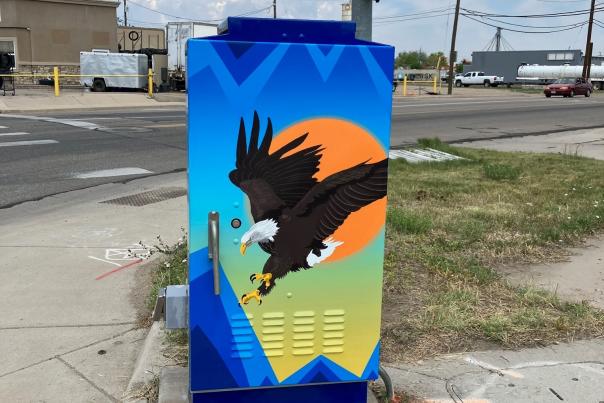 Eagle painted on the side of a traffic cabinet by Alonzo Harrison