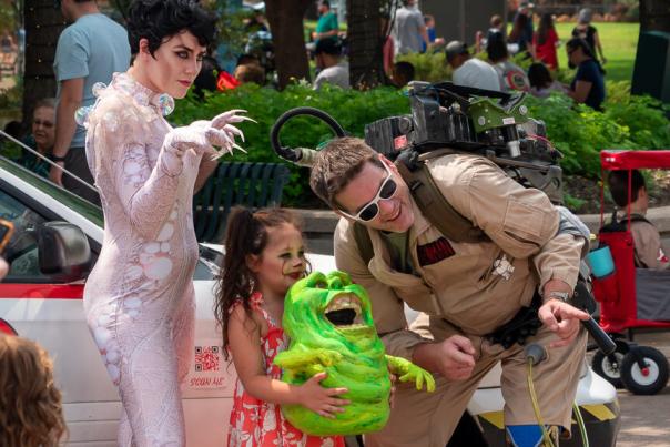 Residents in costume pose during Monster Days in downtown Greeley, Colorado