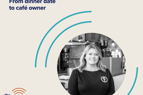 Greeley Business Beat Podcast cover photo reads: From dinner date to cafe owner