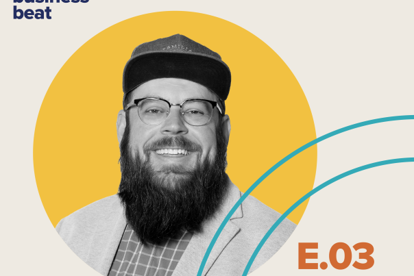 The Greeley Business Beat Episode 3 cover art featuring a black-and-white headshot of guest. Text reads “E.03 Where to find a fresh take on a classic sandwich” and “with Brian Seifried.”