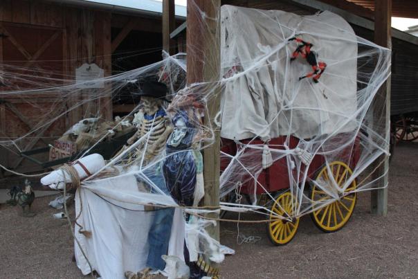 Covered wagon at Centennial Village Museum decorated with skeletons, cobwebs and other Halloween decor
