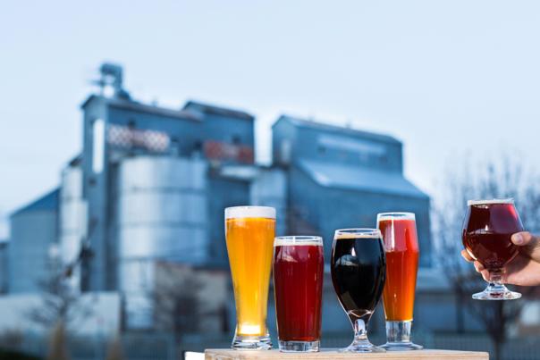 5 beer cups of different sizes and shapes on the patio at WeldWerks with grain bins in the background