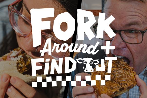 Fork Around and Find Out logo with background image of people taking bites of food