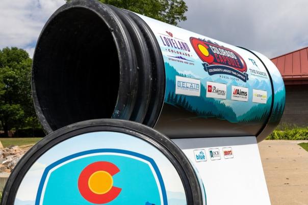 The exterior of the Great Colorado Time Capsule with Visit Loveland Welcome Center in the background.