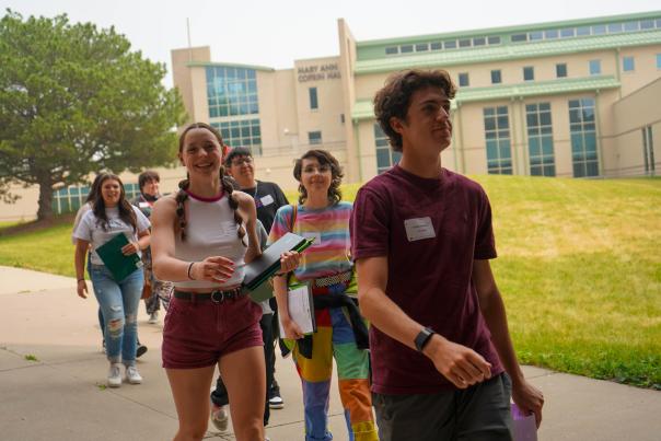 College kids walking through campus
