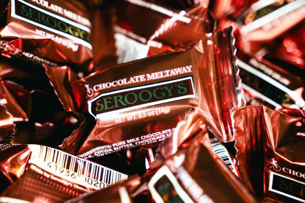 Close up of Seroogy's Mini Chocolate Meltaway bars.