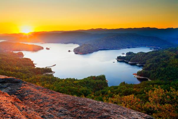 A stunning, scenic view of Lake Jocassee Gorges, considered one of "50 of the World's Last Great Places - Destinations of a Lifetime" by National Geographic.