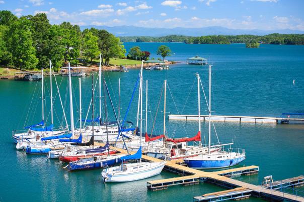 Several sailboats docked on the shores of Lake Hartwell in South Carolina.