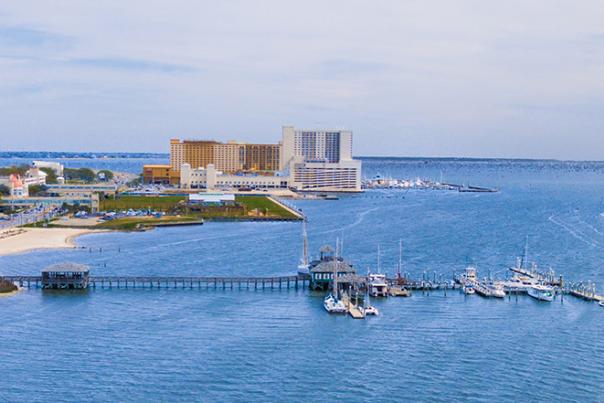 Biloxi Beach Aerial of the BIloxi Channel showing Harrah's Gulf Coast, Margaritaville, Golden Nugget, and the Palace Casino