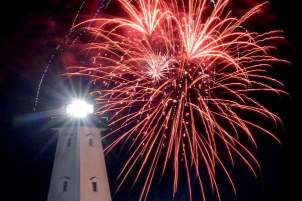 Fireworks over Gulfport lighthouse