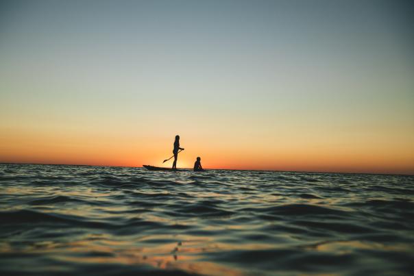 A young girl paddleboards at sunset on St. Joseph Bay
