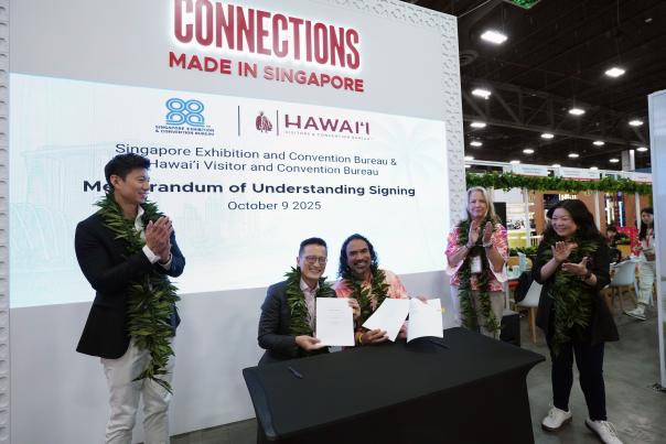 (L-R): Gregory Yap, CMP, Singapore Tourism Board Vice President Americas; Oliver Chong, Singapore Tourism Board Assistant Chief Executive, International Group; Dr. Aaron J. Salā, Hawai‘i Visitors and Convention Bureau President and CEO; Lynn Whitehead, Meet Hawai‘i Vice President Global MCI Sales & Marketing; Eileen Lee, Singapore Exhibition and Convention Bureau Senior Vice President Americas.