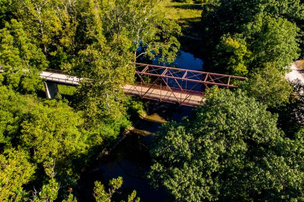 Aerial view of historic truss bridge and Big Walnut Creek at McCloud Nature Park. (Photo by Dave Novak)