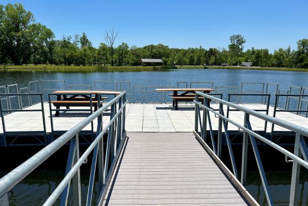 An ADA-accessible dock on the large pond at W.S. Gibbs Memorial Park allows everyone to enjoy the view