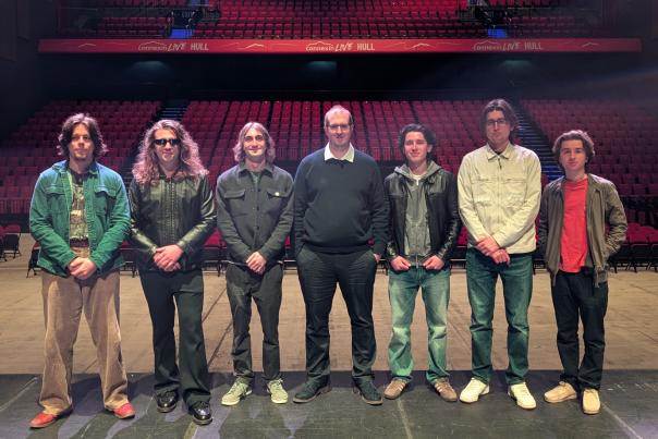 The Froot and Breeze bands together with Sam Ryder from Connexin Live on stage, ready to head to The Great Escape Festival.